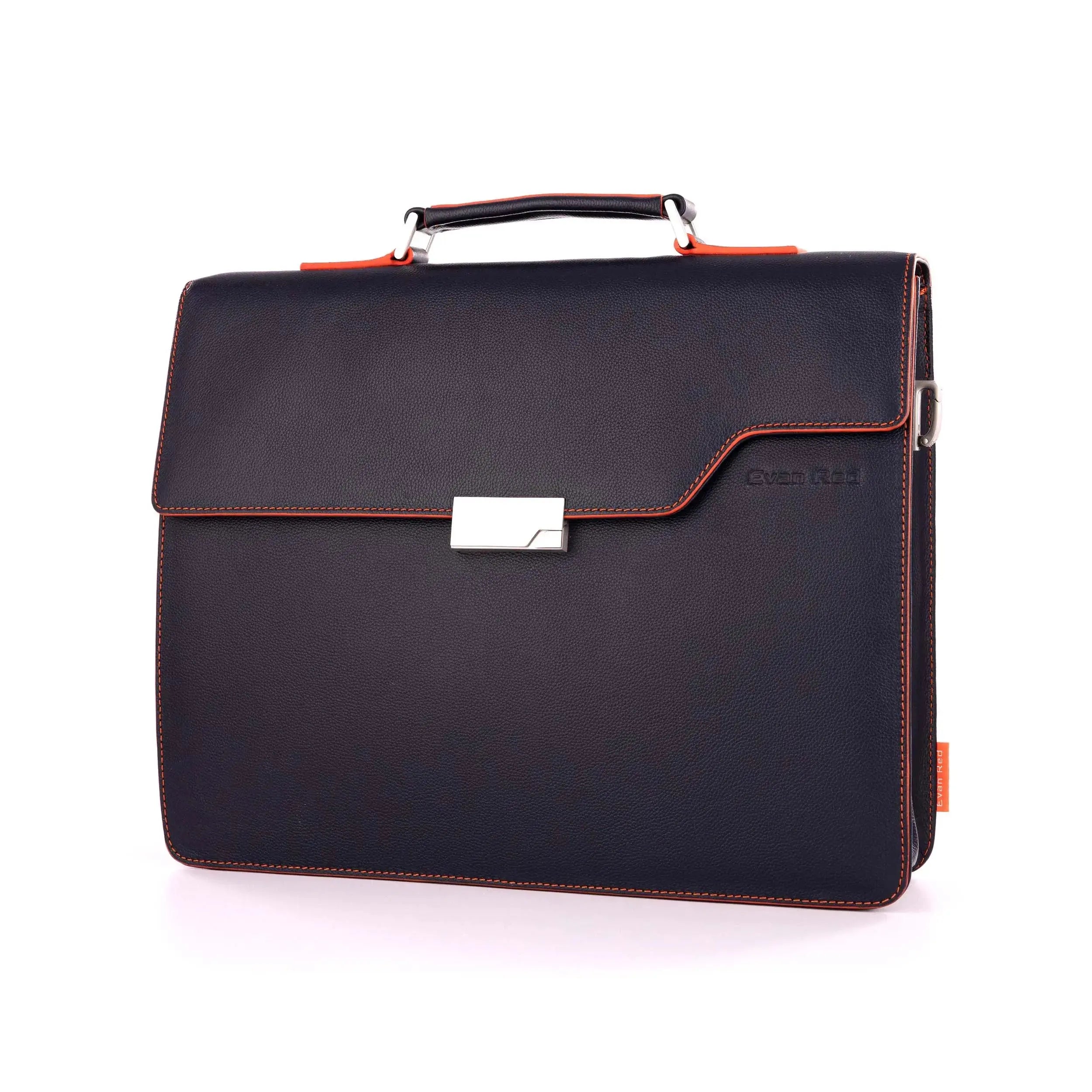 Navy Blue Leather Briefcase Evan Red
