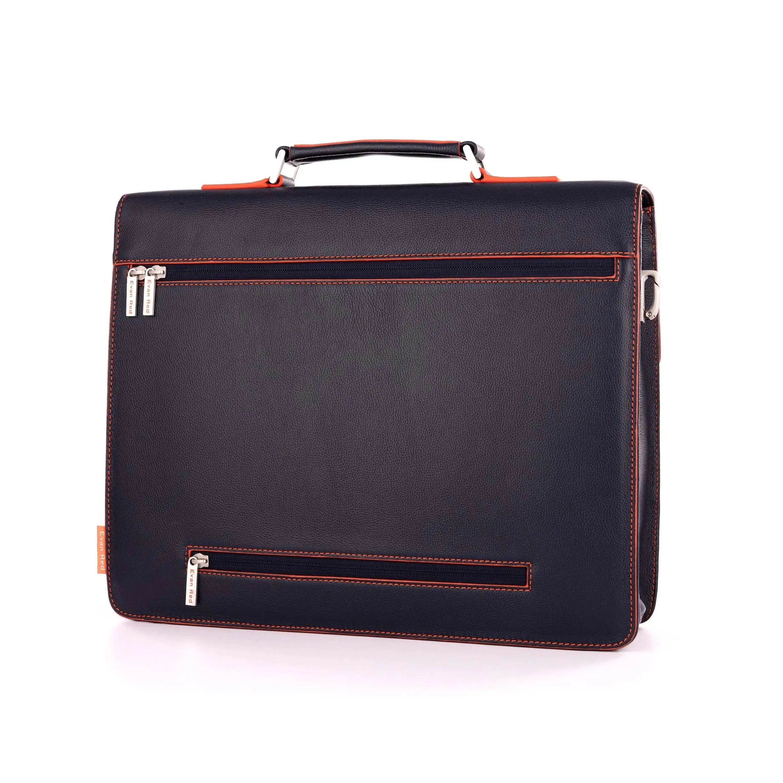 Navy Blue Leather Briefcase Evan Red
