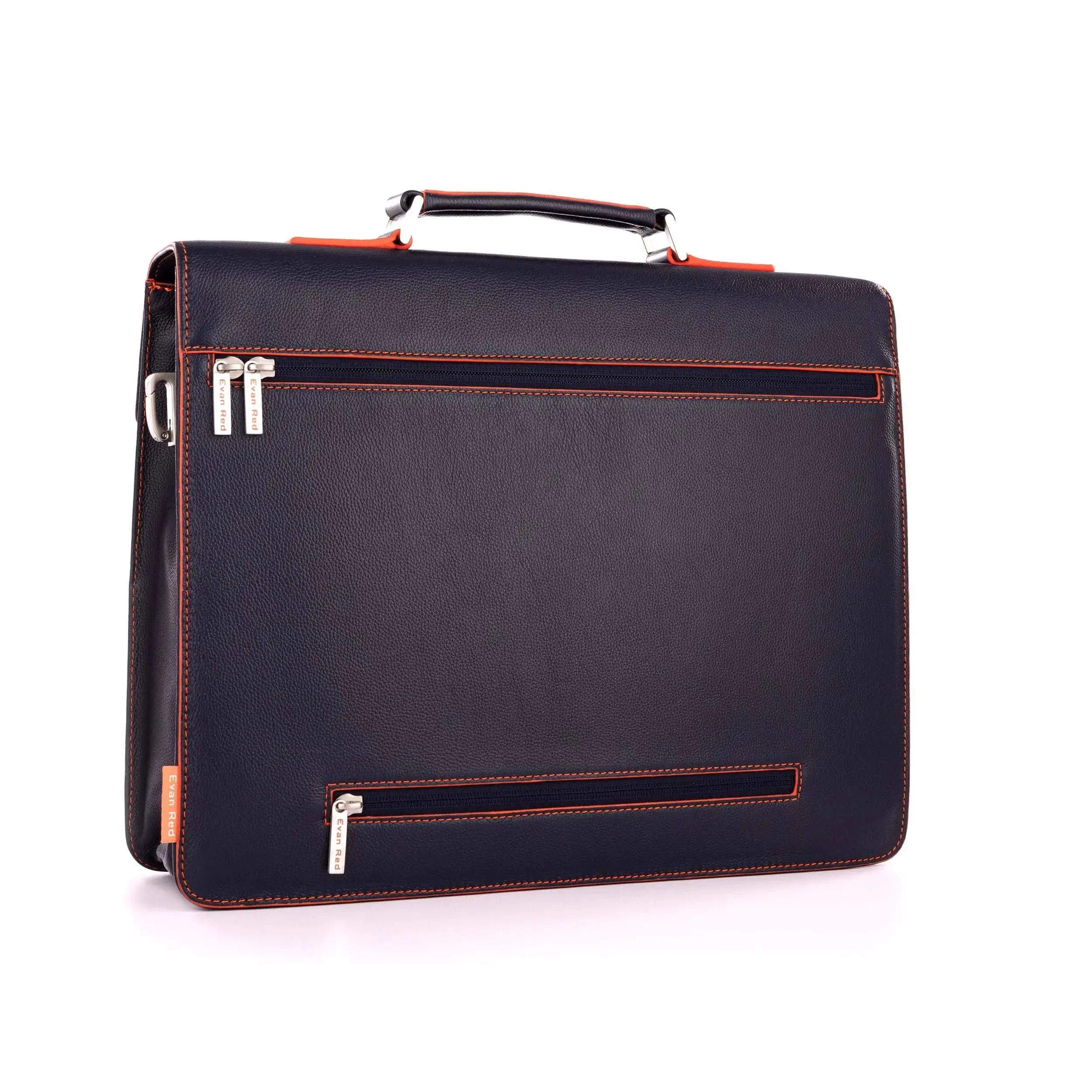 Navy Blue Leather Briefcase Evan Red